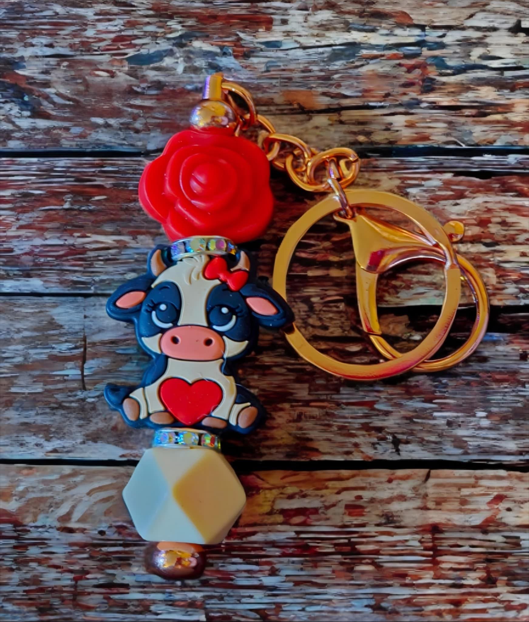 Rosy Cow Beaded Keychain