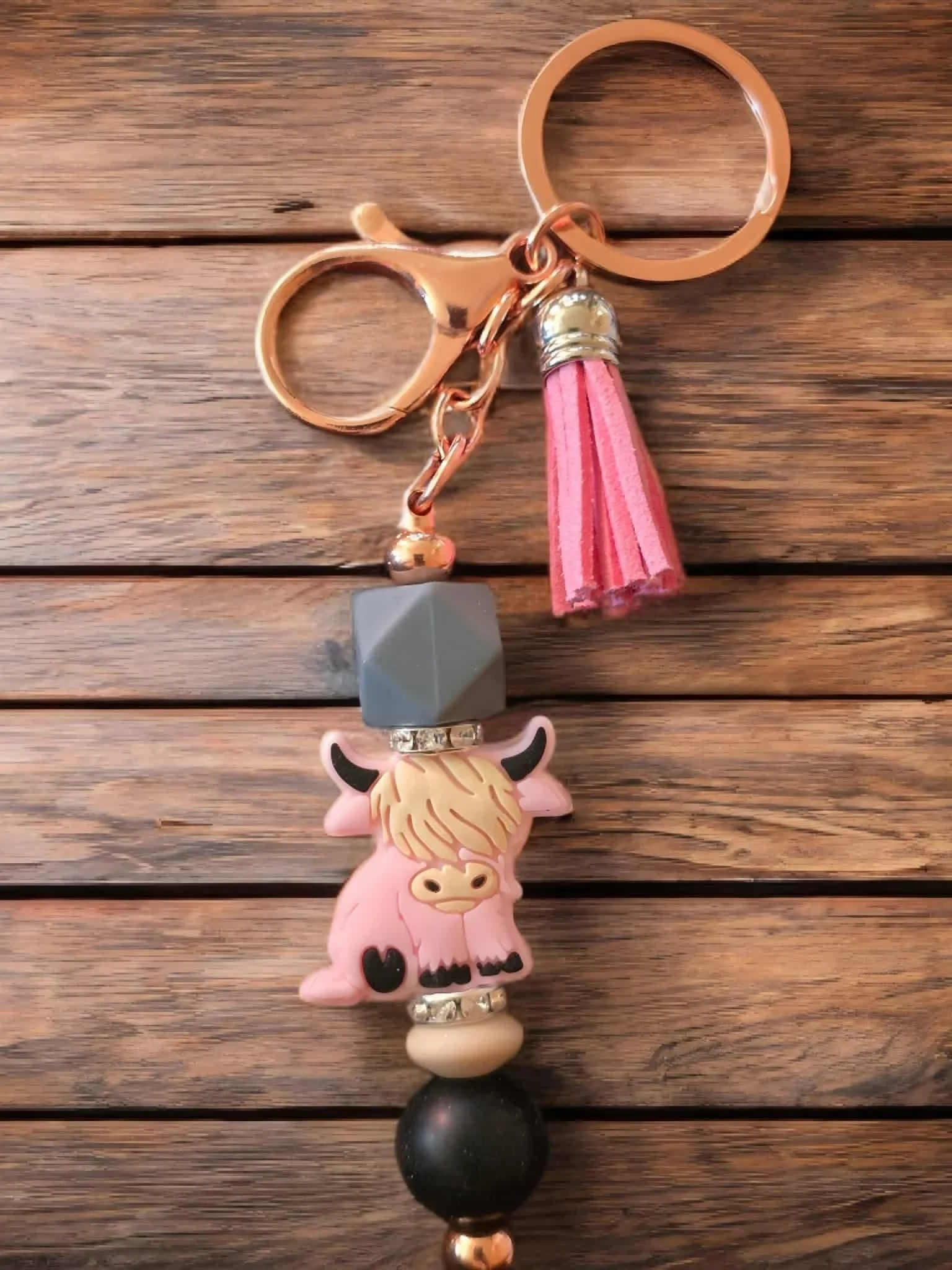 Pink & Grey Cow Beaded Keychain