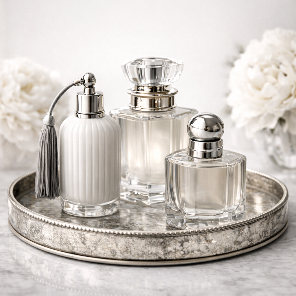 Three decorative perfume bottles on a silver tray with white peonies in the background.
