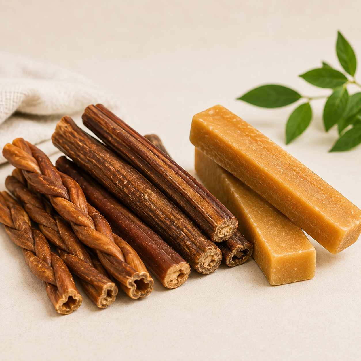 Brown braided and rounded sticks of cinnamon alongside rectangular bars of brown soap or caramel on a white surface, with a green leafy sprig in the background.