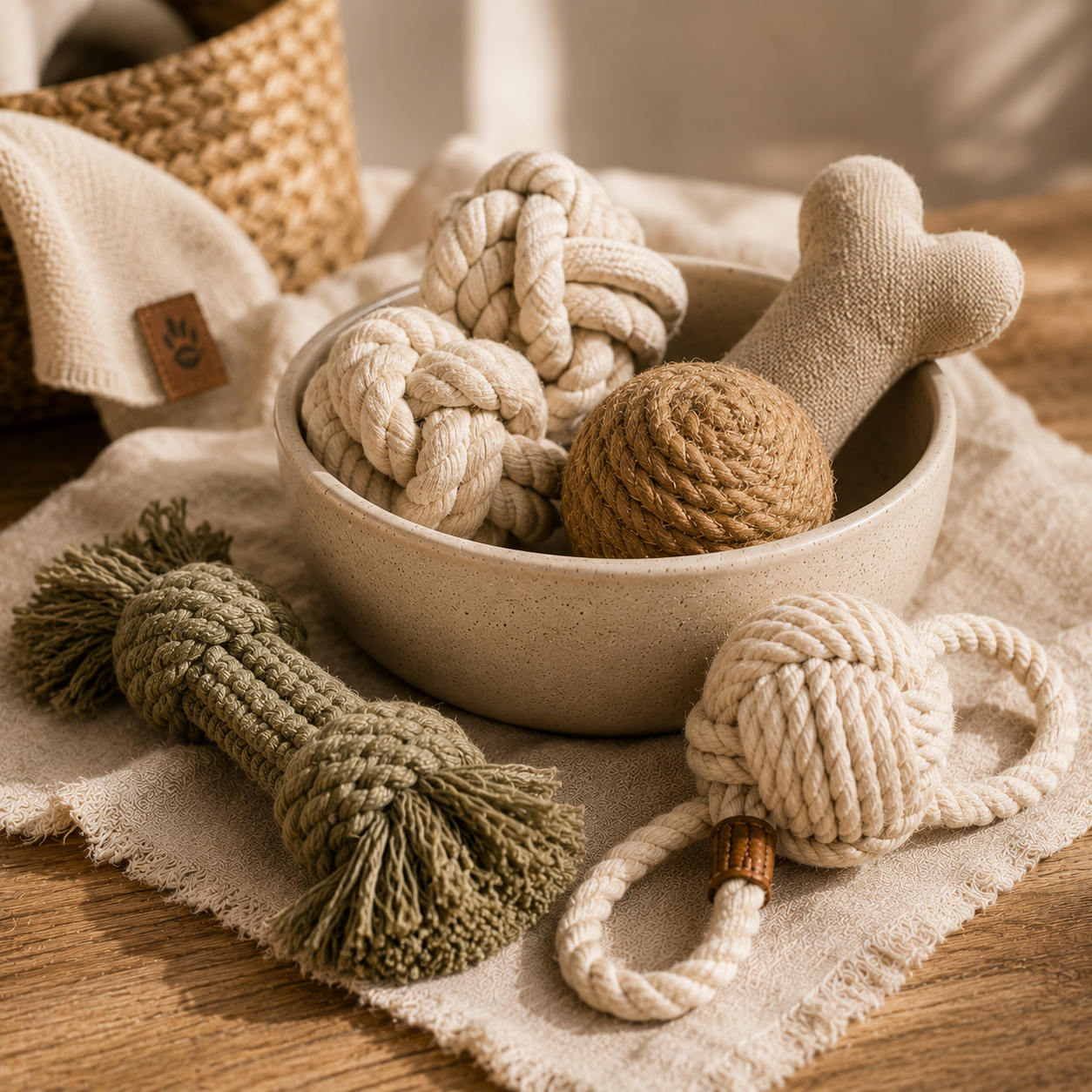A beige ceramic bowl filled with woven rope knots, a ball of tan rope, and a sock-shaped teddy bear. Additional rope toys are placed around the bowl, on a textured cloth on a wooden surface.