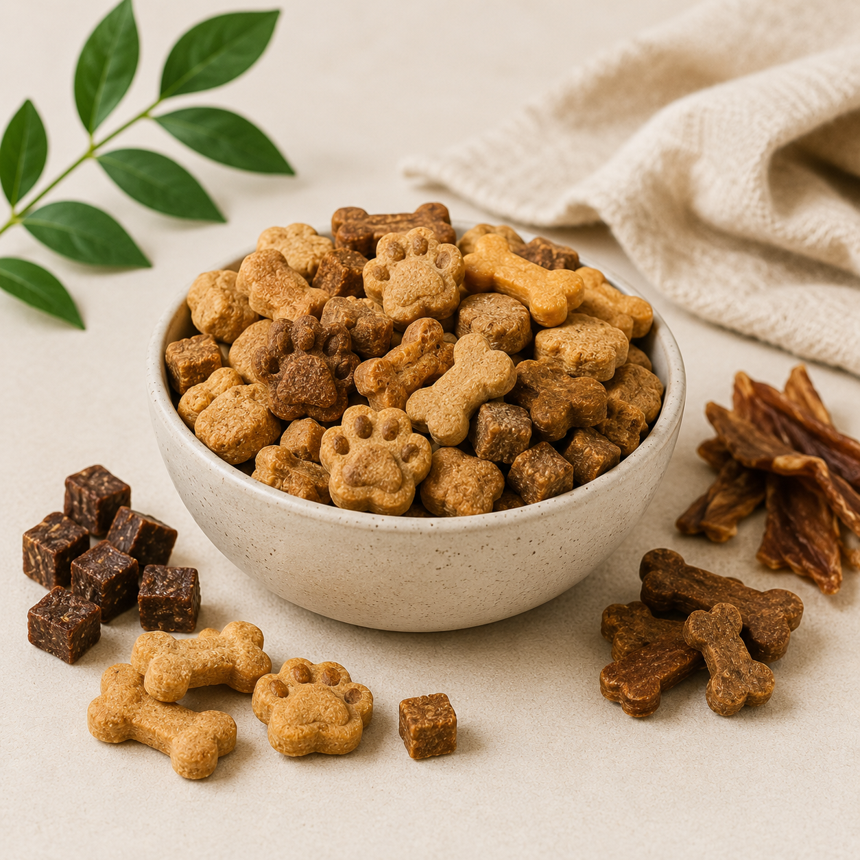 A white bowl filled with dog treats in various shapes and flavors, surrounded by some treats on a light surface, with a green leafy plant and a beige cloth in the background.