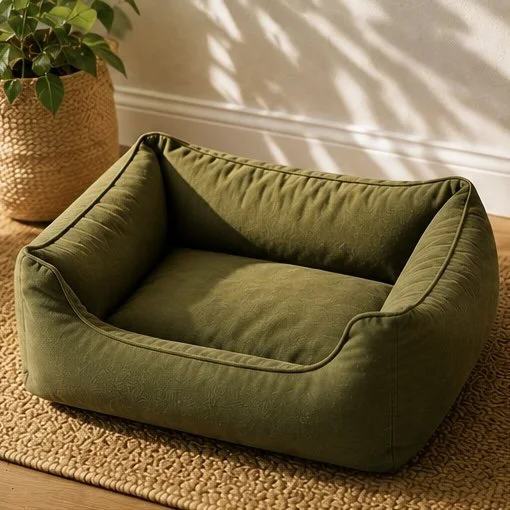 A green cushioned pet bed with raised sides placed on a woven rug, next to a potted plant in a wicker basket.