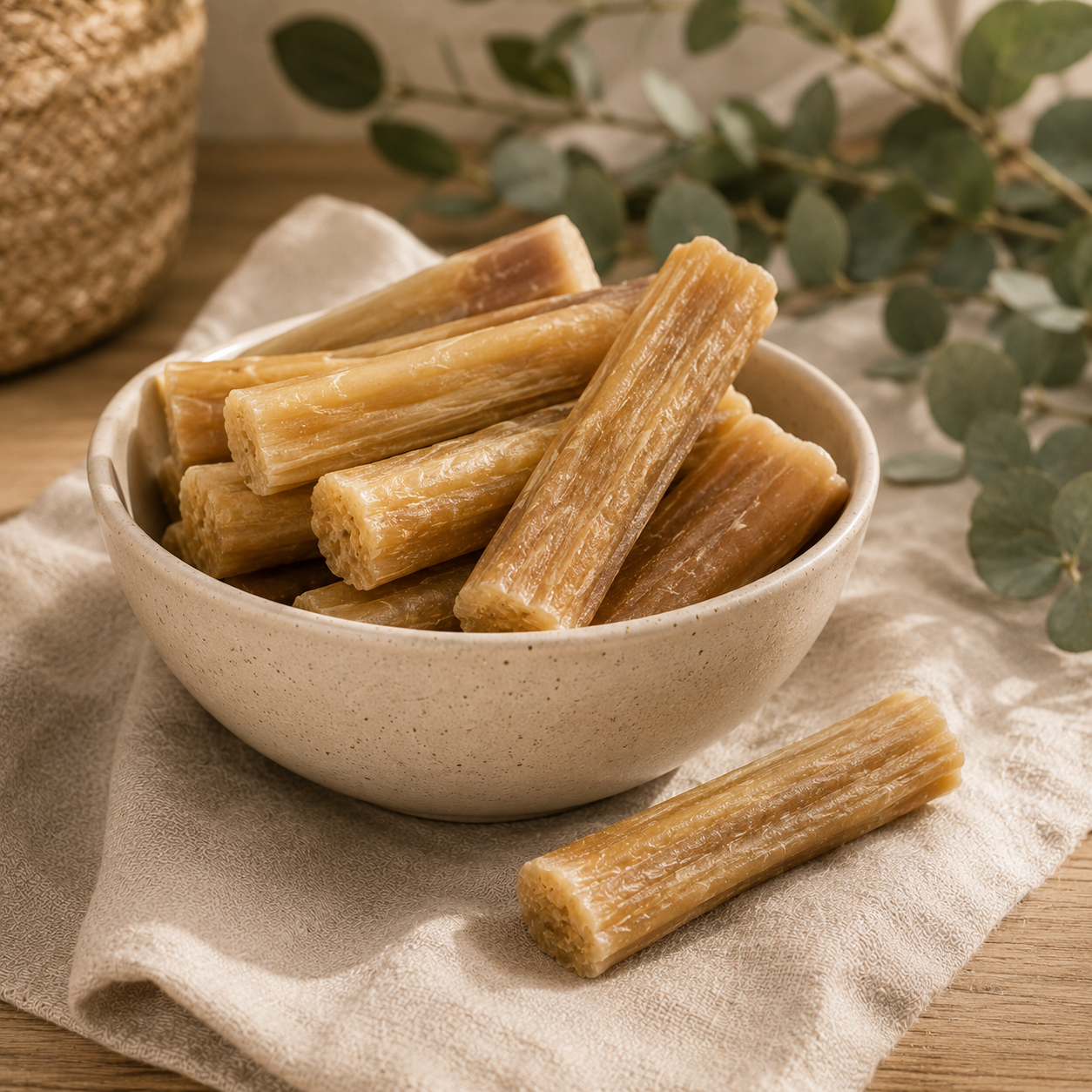 A white bowl filled with natural brown sugar sticks on a beige cloth, with some eucalyptus leaves and a wicker basket in the background.