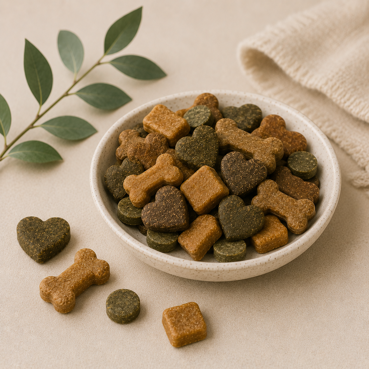 A white bowl filled with green, brown, and tan dog treats in bone and heart shapes. Some treats are scattered on a light-colored surface next to a green leafy branch, a folded beige cloth, and a beige towel.