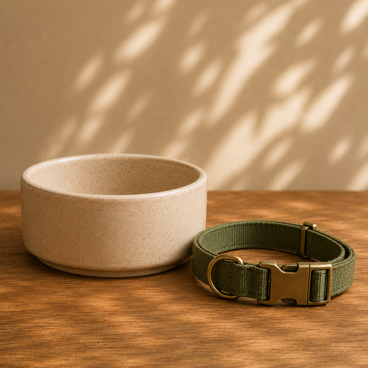 A beige ceramic bowl and a green fabric collar with a brass buckle on a wooden surface, with shadows of leaves cast on the wall behind.