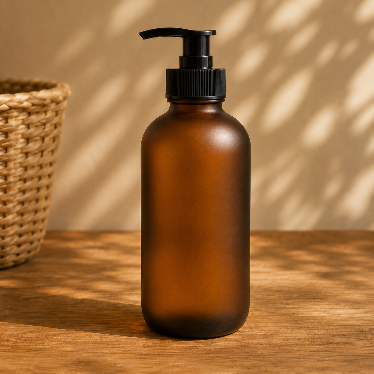 A brown amber plastic pump bottle on a wooden surface, with a basket to the left and shadow patterns on the wall in the background.