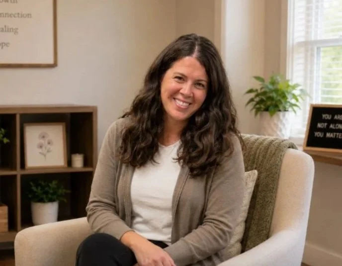 Woman smiling and sitting on a beige armchair in a cozy room with a plant and framed artwork in the background.