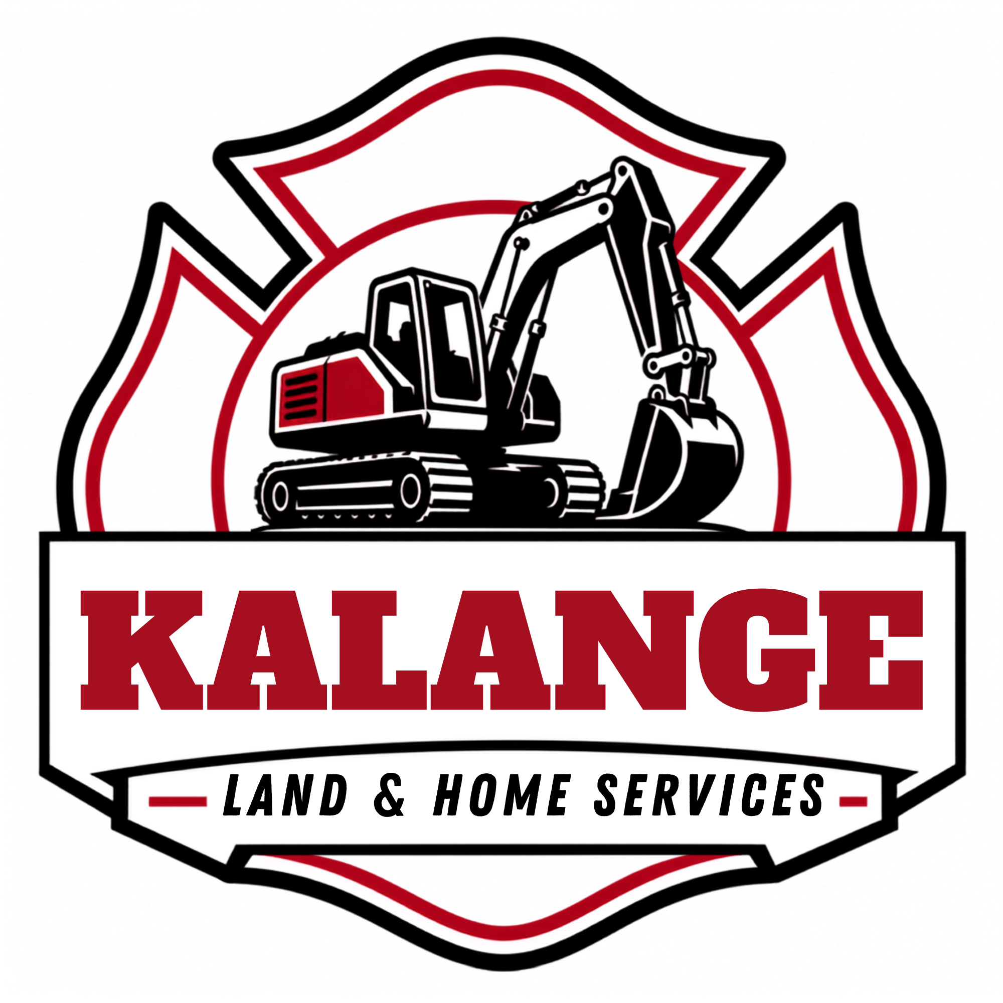 Logo for Kalange Land & Home Services featuring a red, black, and white color scheme with an excavator in the center.