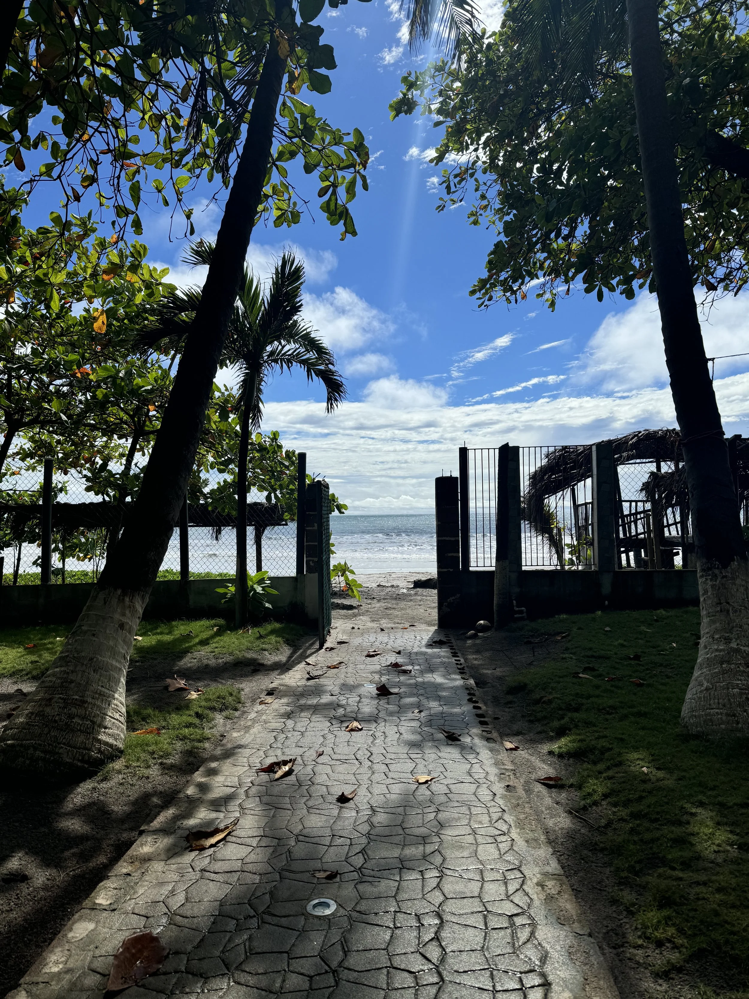 A palm tree shaded ocean side motel and restaurant in La Libertad, El Salvador.