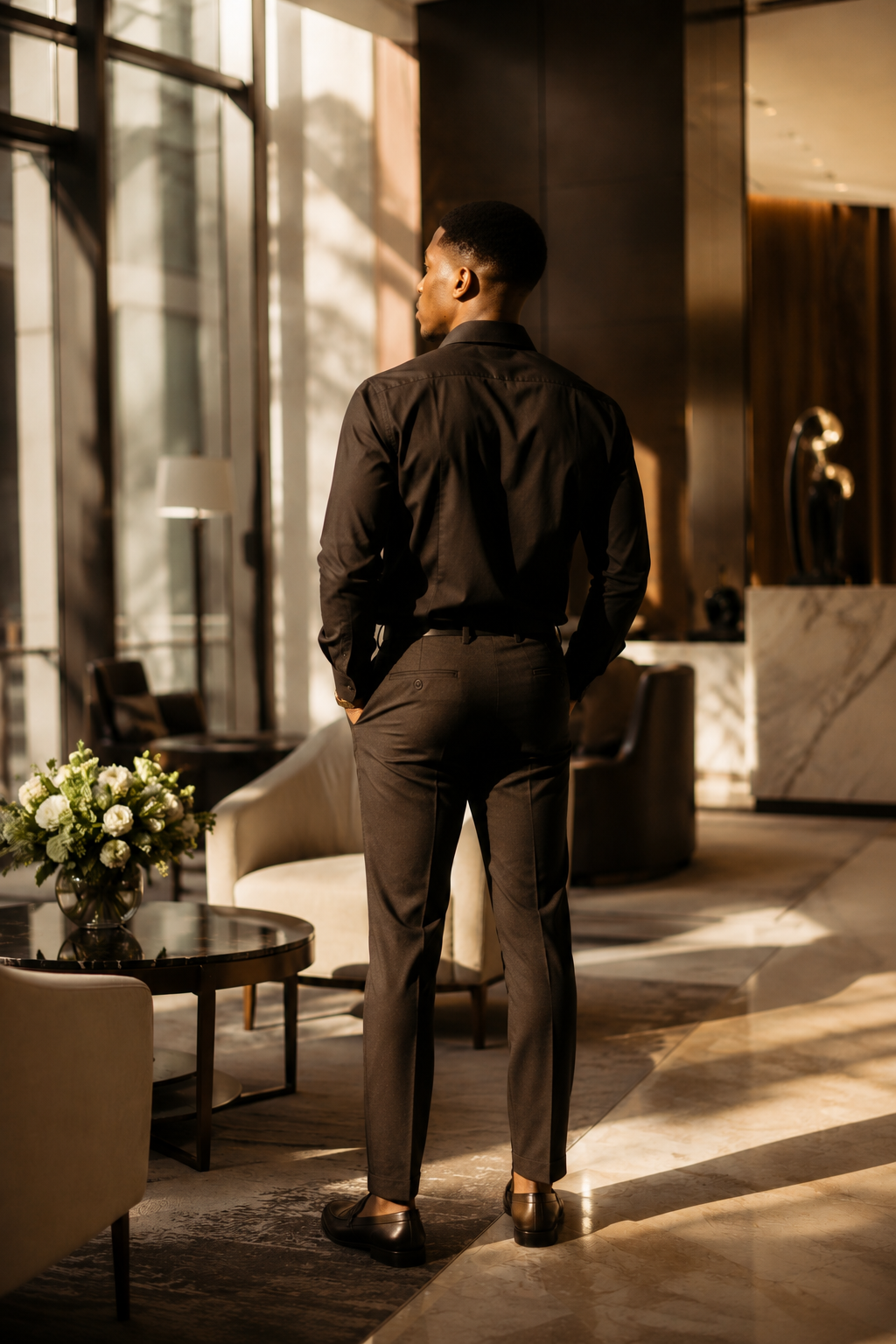 A man dressed in black and dark gray trousers standing in a luxurious lobby, with sunlight streaming through large windows, modern decor, and a vase of white flowers on a table.