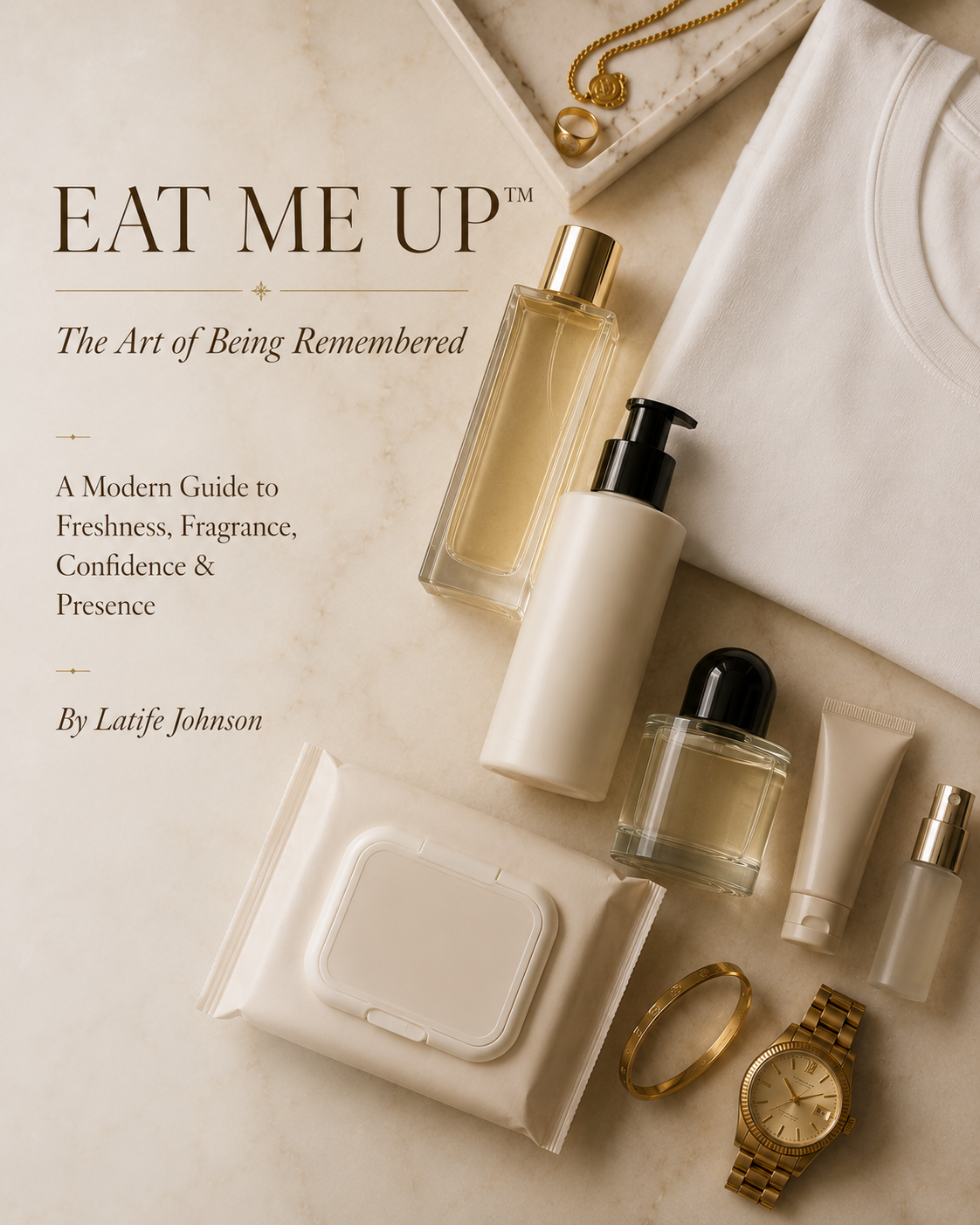 A book titled 'Eat Me Up: The Art of Being Remembered' by Latife Johnson, surrounded by beauty and grooming products including perfumes, a lotion pump, makeup wipes, a small bottle, a tube of cream, a gold watch, a gold bracelet, a ring, and a white folded T-shirt, all arranged on a light-colored marble surface.