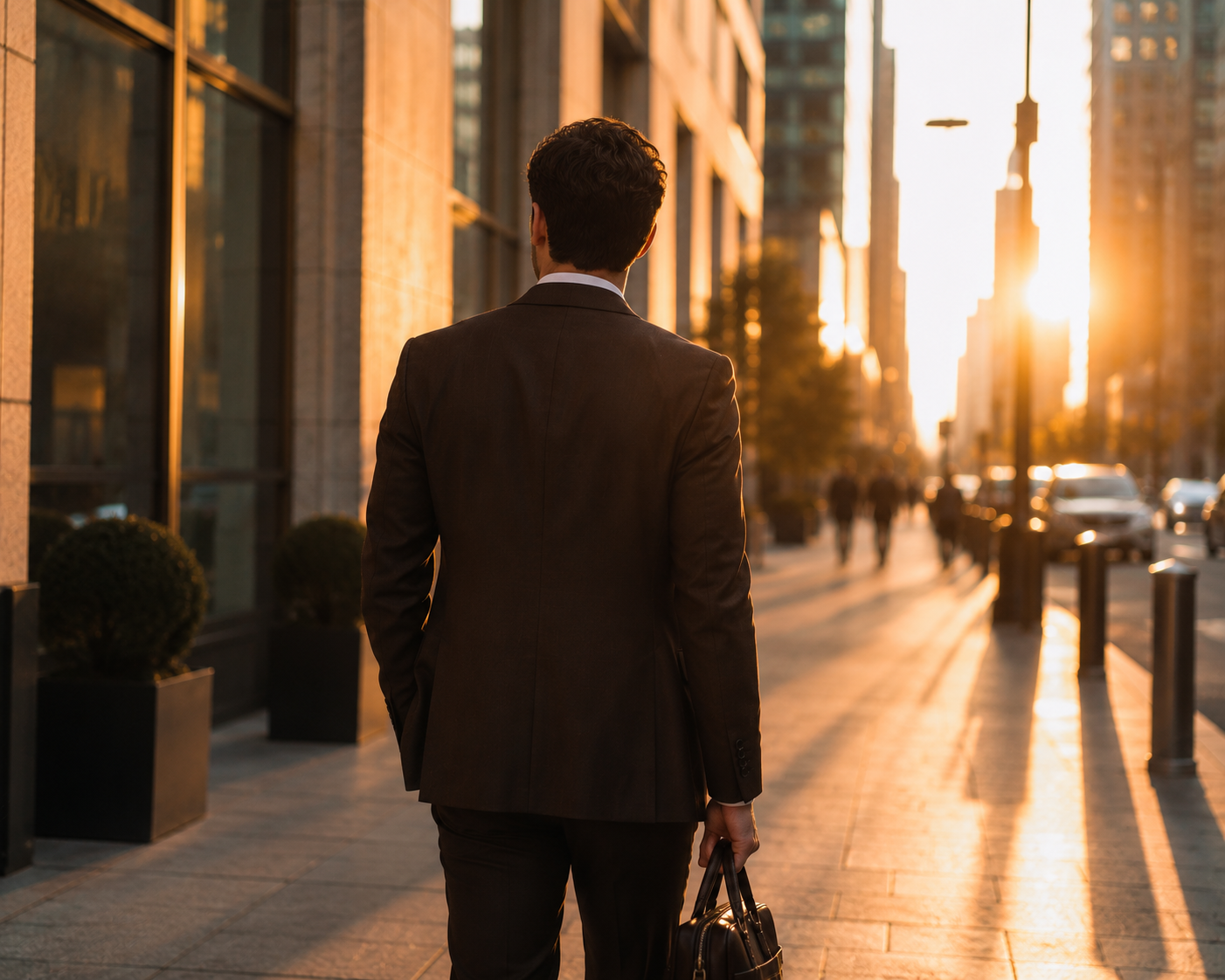 A man in a black suit walking on a city sidewalk during sunset, carrying a briefcase and a bag.
