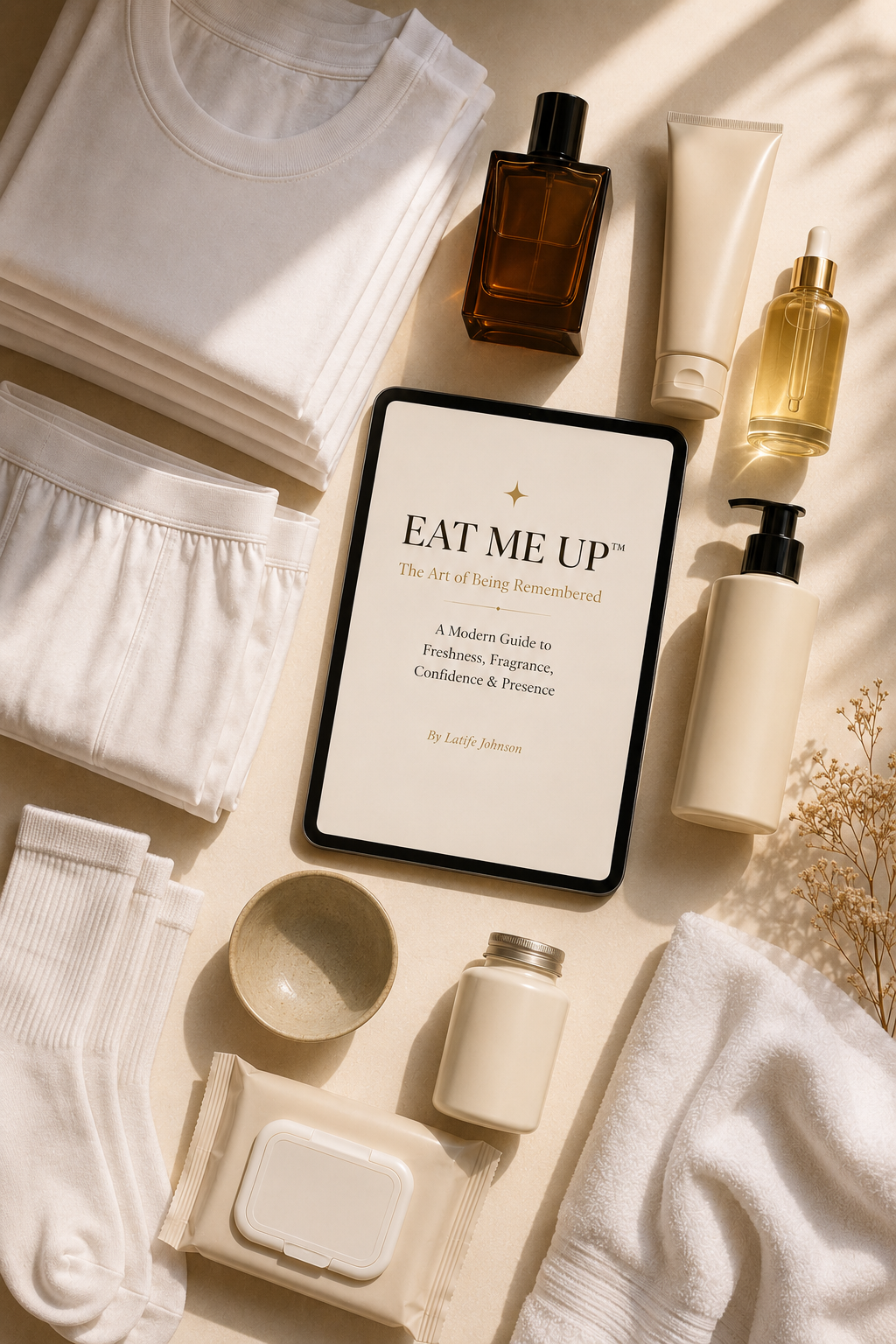 Flat lay of white clothing, skincare products, a tablet, a small bowl, and a towel on a light-colored surface.