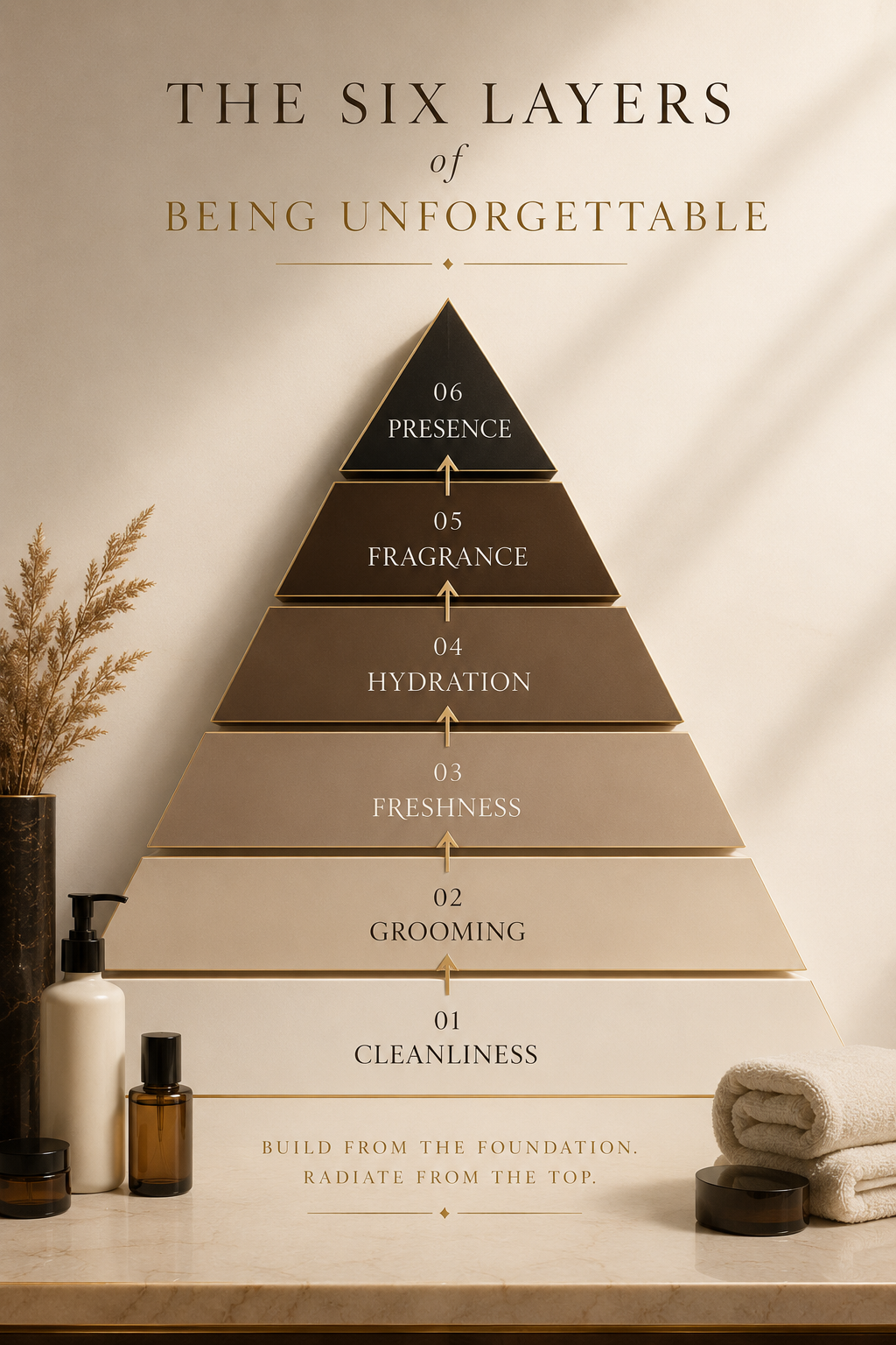 A diagram illustrating the six layers of being unforgettable, from bottom to top: cleanliness, grooming, freshness, hydration, fragrance, and presence, with a message about building from the foundation and radiating from the top.