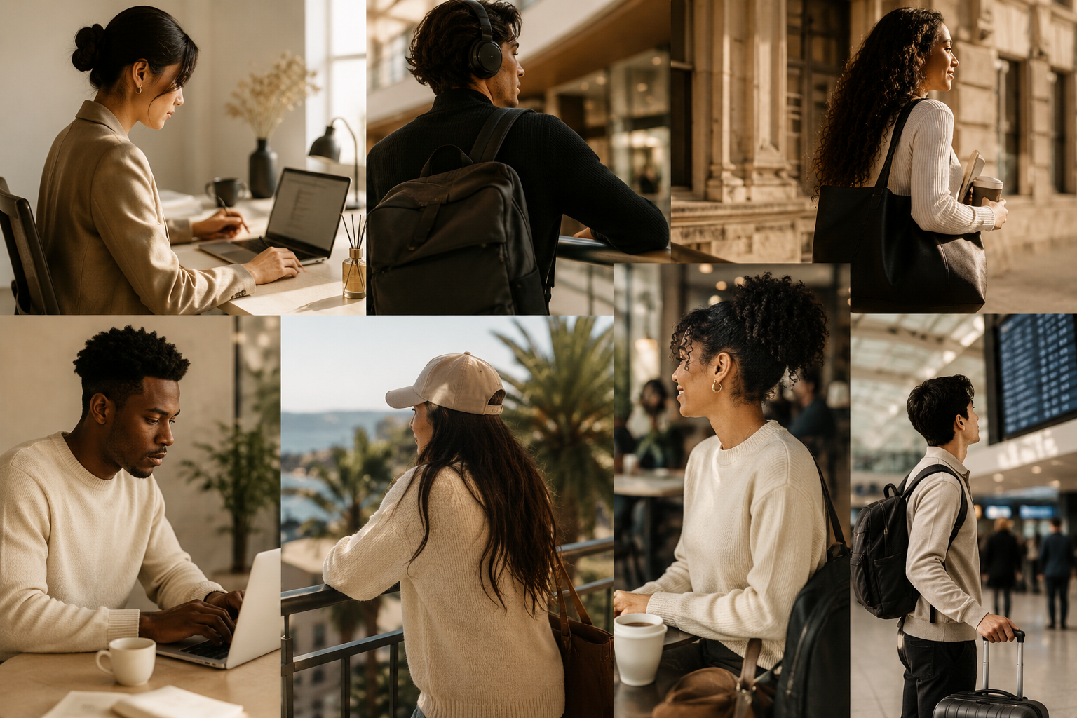 Collage of diverse people in various settings such as working, traveling, and relaxing, depicting urban, outdoor, and indoor environments.