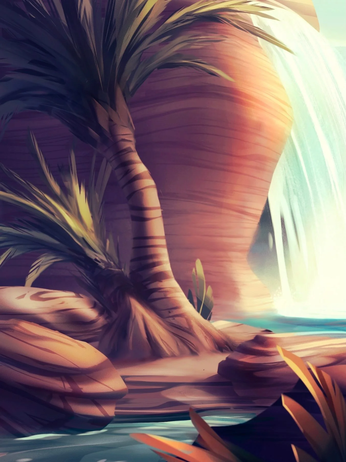 Closeup of my waterfall moment painting for The Falcon Lore #visualdevelopment project. I was still midway through the painting here as it was more graphic and stylized, especially in the foliage, until I took it towards a slightly more realistic app