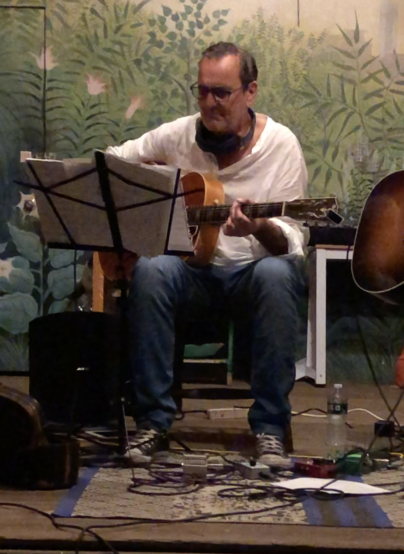 A man sitting on a chair playing an acoustic guitar, with music sheets on a stand in front of him. He is wearing glasses, a white shirt, and jeans, and appears to be performing in a cozy indoor setting with leafy wall art in the background.