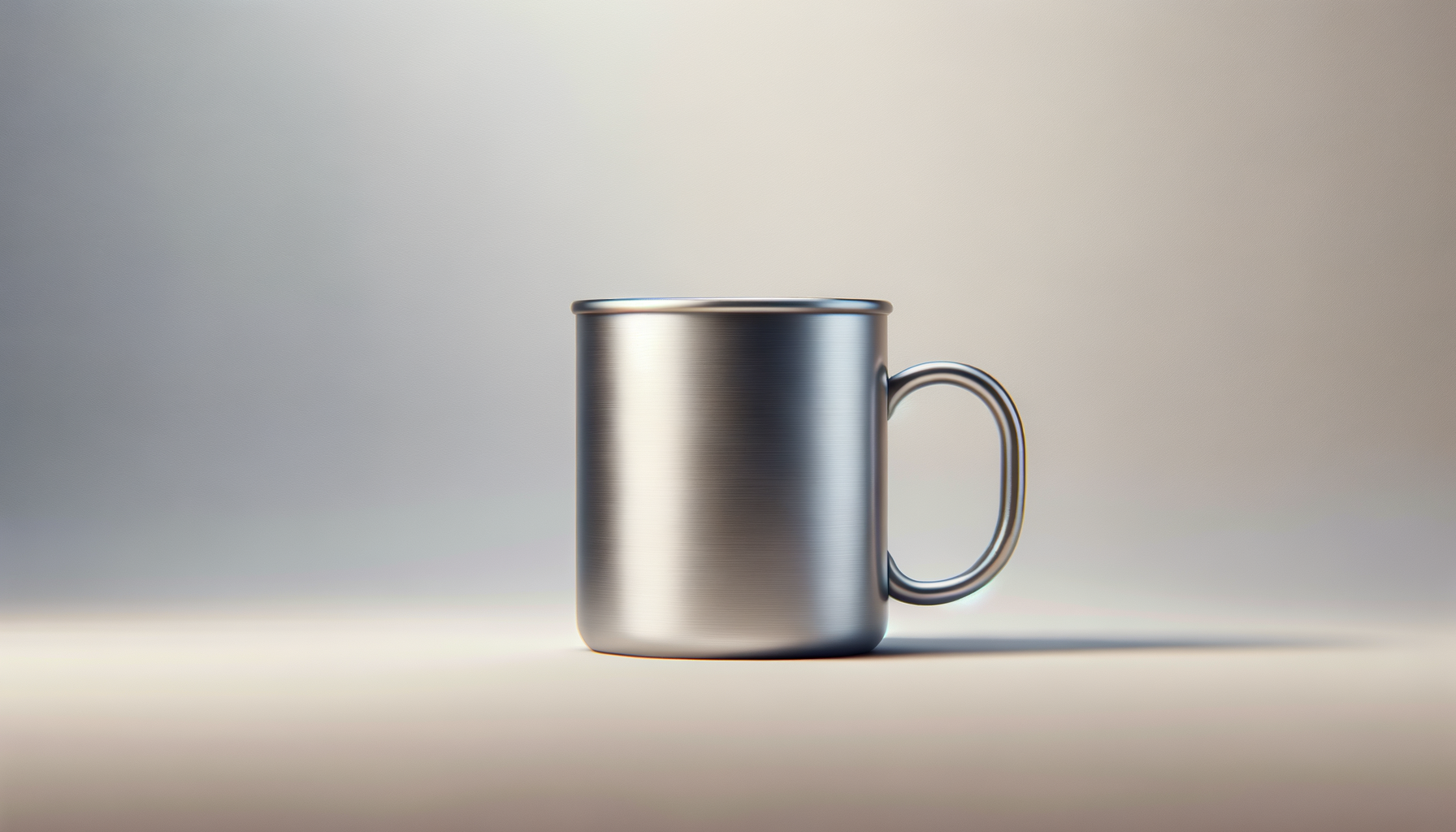 A metallic, stainless steel mug with a smooth, matte finish and a curved handle, positioned on a flat surface with a gradient background.