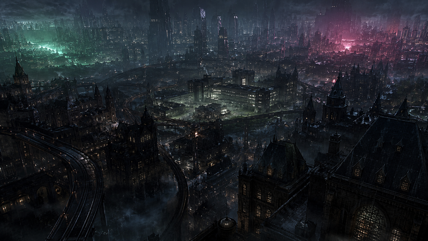 Aerial view of a dark, futuristic cityscape at night with illuminated buildings, roads, and bridges, featuring a large, gothic-style building in the foreground and a vibrant, glowing skyline in the background.