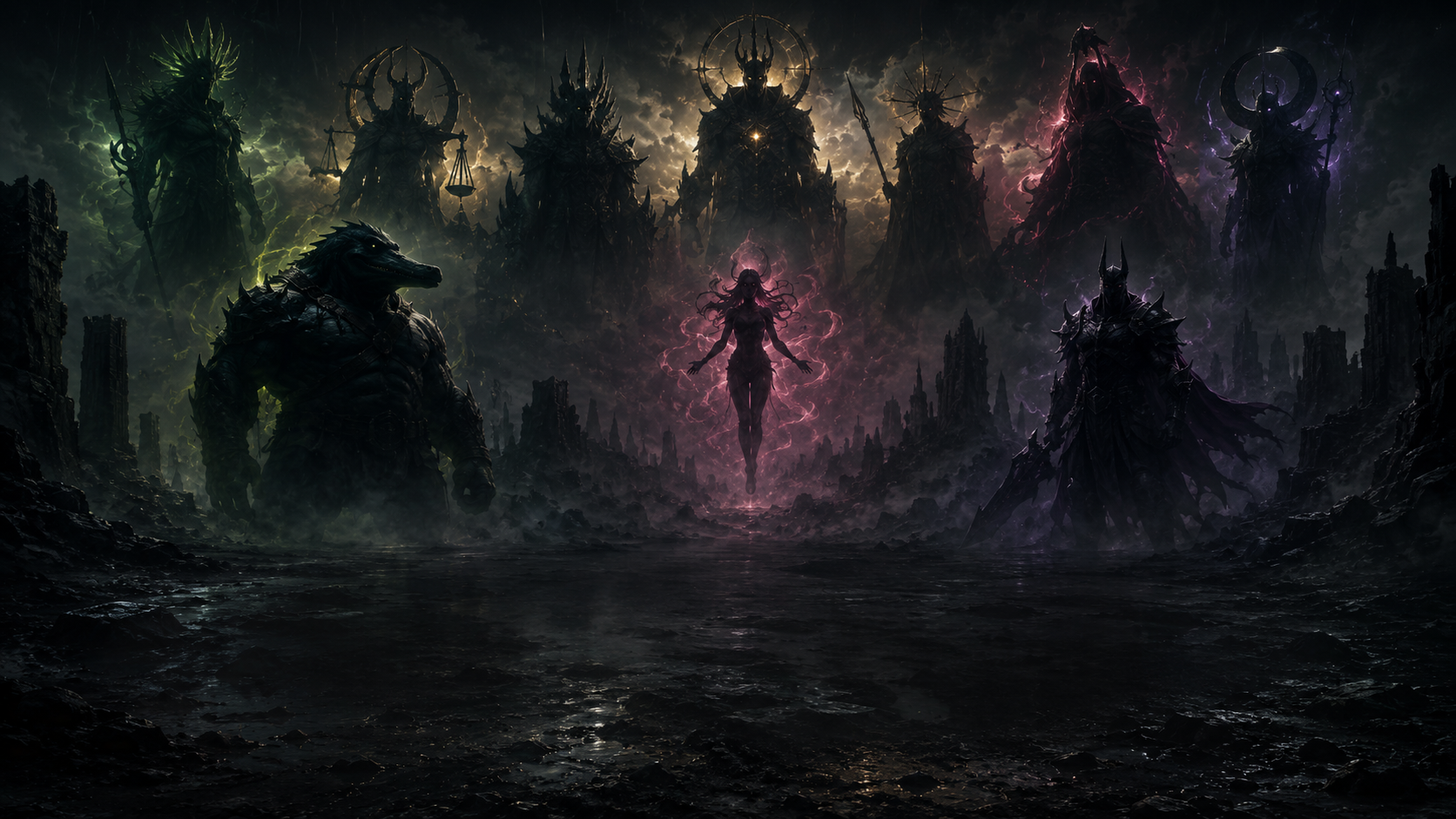 Dark fantasy scene with a central female figure levitating with glowing pink energy, flanked by a wolf-headed humanoid on the left and an armored warrior on the right, set against a bleak landscape with ominous giant shadowy figures in the background.