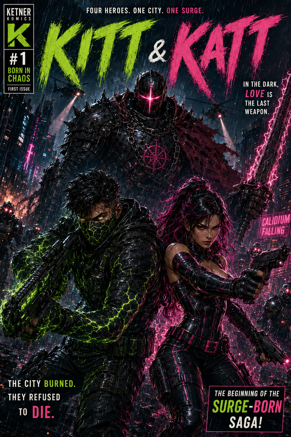 Comic book cover depicting two characters in futuristic armor armed with guns, standing in a neon-lit cityscape amid flying drones and lightning. The title reads "Kit & Kat", with text about a city in chaos and a love story.