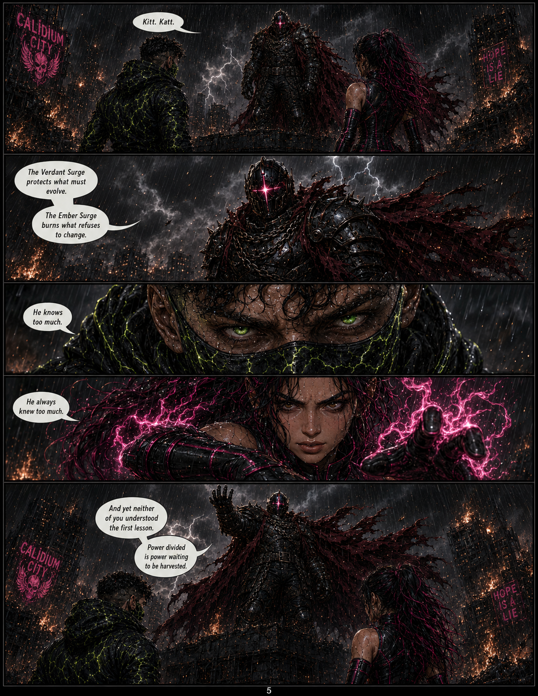 Dark stormy cityscape with lightning, featuring three characters in confrontation: a man with glowing green lines on his jacket, a woman with pink hair and energy-like effects on her arm, and a dark armored figure with glowing pink eyes and tattered cape. A sinister sign reads "Calidium City" and another says "Hope is a Lie." The scene is intense and dramatic, with a comic book style.