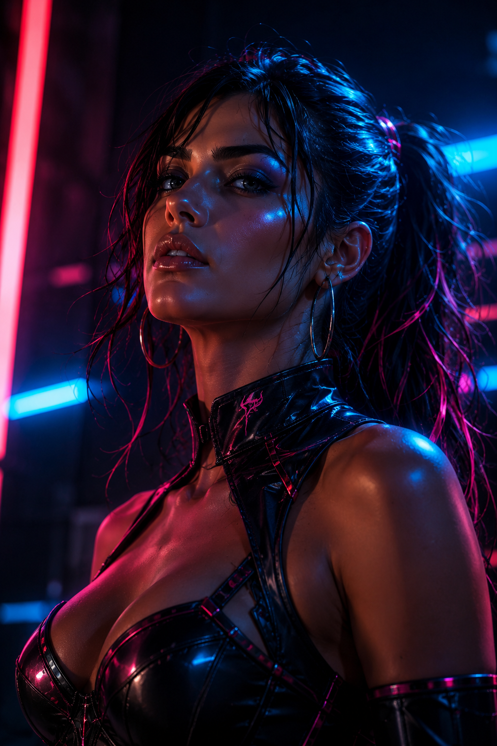 A woman with wet hair and hoop earrings, dressed in a shiny black leather outfit, poses in front of neon lights with pink and blue hues.