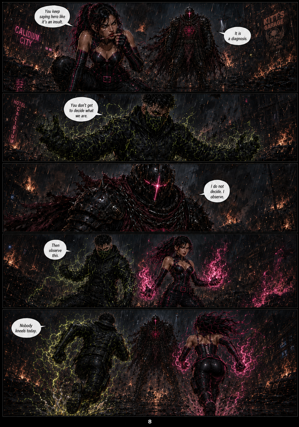 Comic book style illustration of three characters in a dark, rainy cityscape. The first woman has dark hair and wears a black leather outfit, sitting with a contemplative pose. The second character is a masked man in a black hooded jacket with glowing green energy around his hands. The third character is a armored figure with a glowing pink cross on his helmet, addressed as Kitt. The dialogue includes themes of diagnosis and decision-making, with characters discussing observation and actions amidst a stormy background with lightning and city lights.