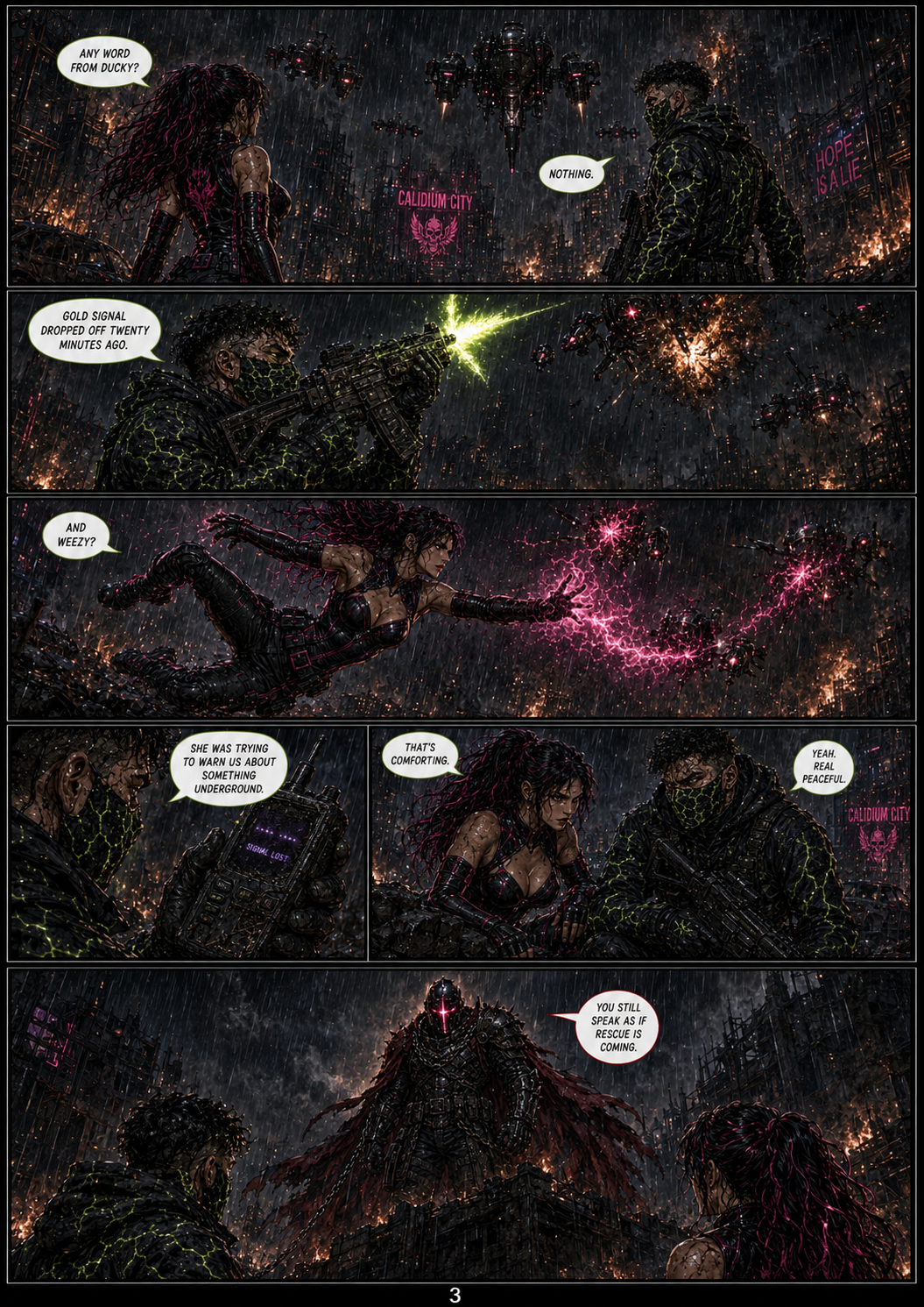 A dark, rainy nighttime scene in Calidium City showing a woman with pink and black hair, a man with a mask, a female character with lightning powers, and a large armored figure with a glowing red eye and tattered cloak, standing in a destroyed cityscape.