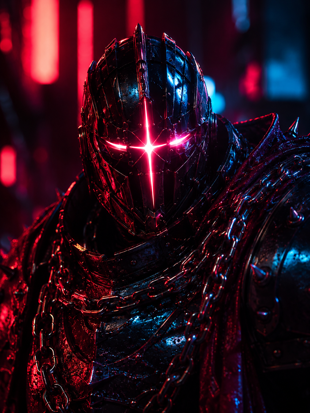 Close-up of a futuristic, armored figure with a black metallic suit and chains, glowing red and blue lights, and a helmet with a star-shaped red light on the faceplate, in a dark setting with neon lighting.