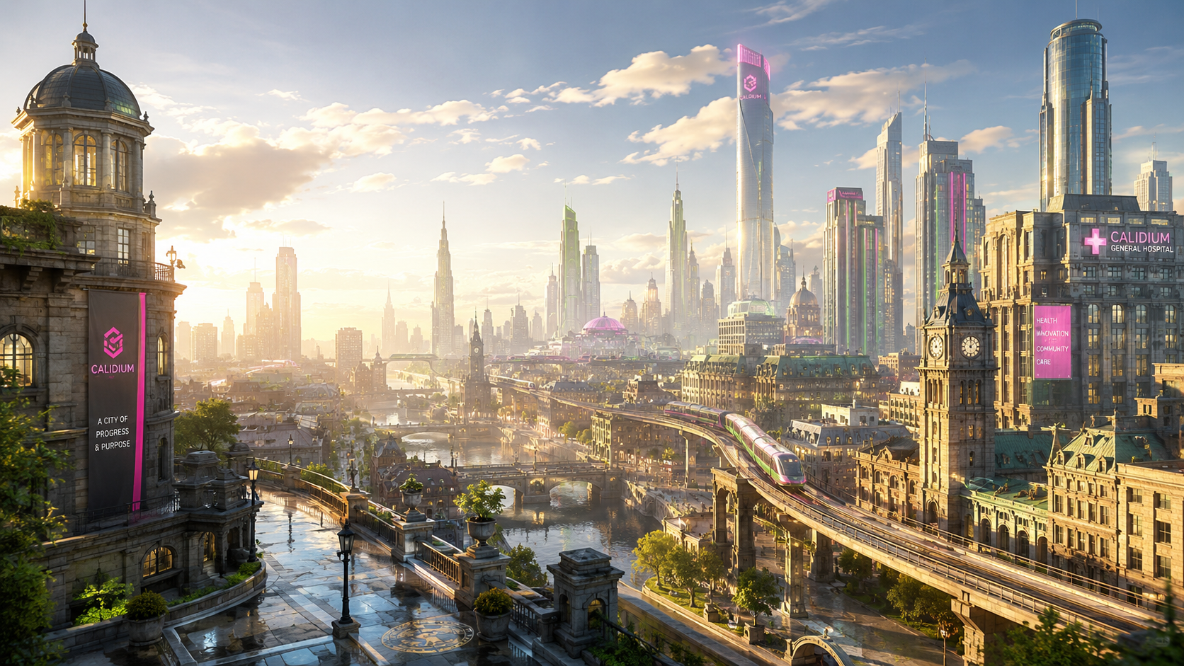 Sunlit futuristic cityscape with skyscrapers, elevated train, and historic buildings, featuring signs for Calidium hospital and city of progress.