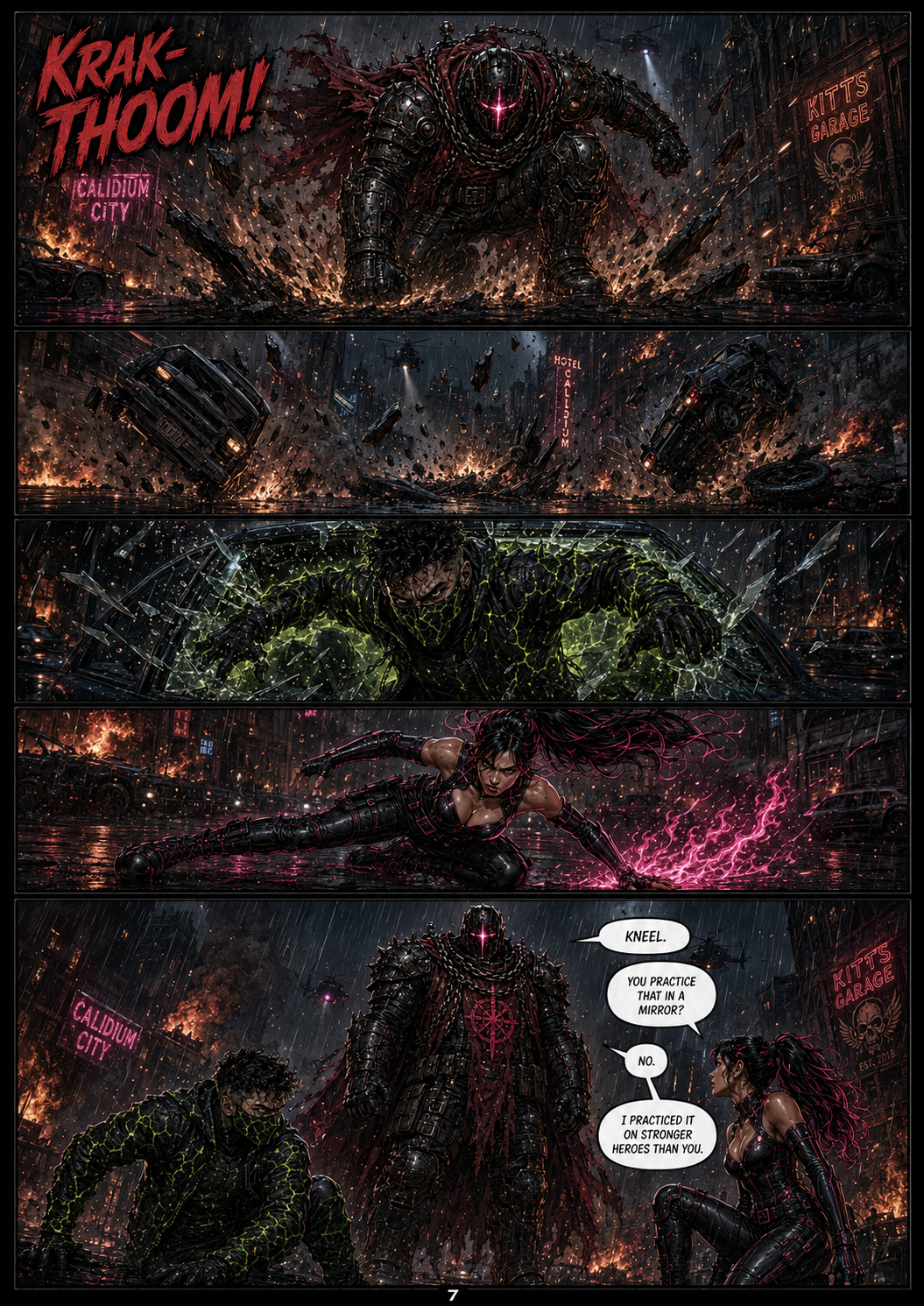 Comic book scene with a giant armored creature smashing through a city, two heroes preparing to fight, and a tense conversation between them amid destruction and rain.