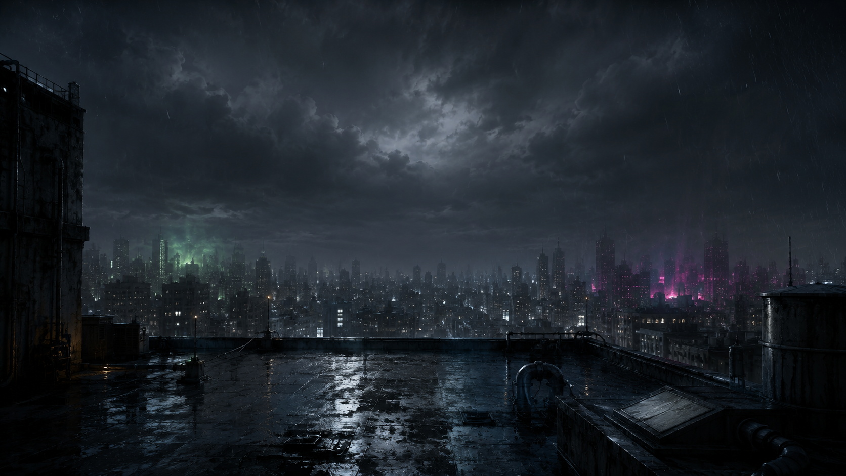 A dark, wet rooftop overlooks a futuristic city skyline at night with glowing green and purple neon lights under stormy clouds.