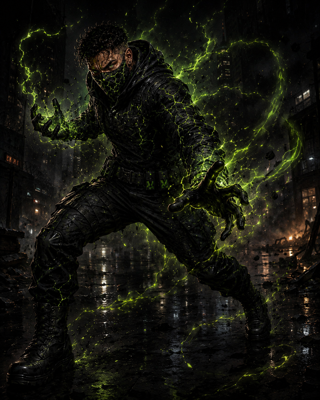 A man dressed in black tactical gear and covering his face with a mask, surrounded by green electric sparks in a dark, damaged cityscape.