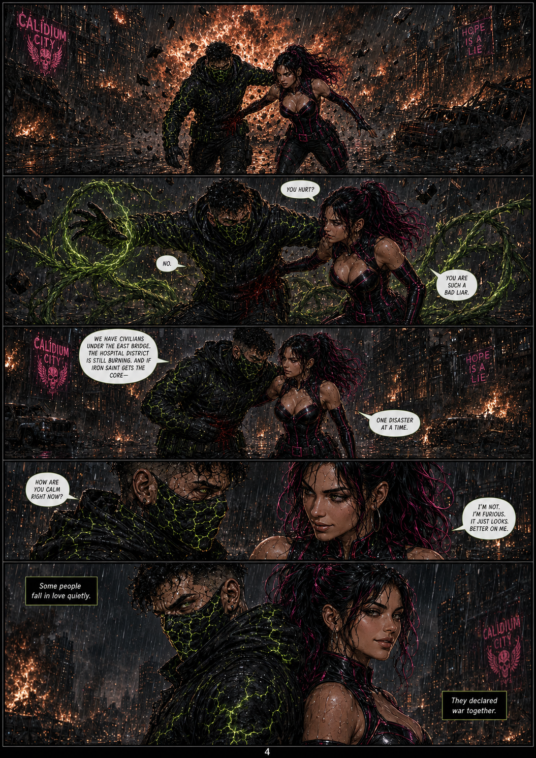 A comic scene featuring two characters, a man and a woman, standing amid a destroyed cityscape with fiery skies. The man has glowing green lines and is injured, while the woman has long, dark, pink-highlighted hair and appears calm. They are having a serious conversation about civilians, a hospital district, and war, with dialogue bubbles indicating their dialogue. The background shows signs with messages like 'Calidium City' and 'Hope is a lie,' and the scene is set during a rainstorm in a chaotic urban environment.