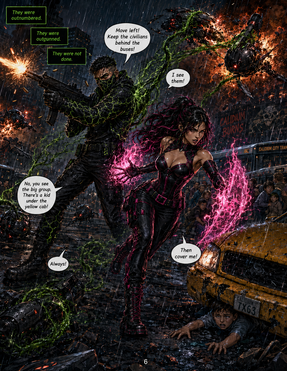 A digital comic-style illustration of a chaotic urban scene during a storm. Two heroes fight robot-like enemies with glowing green and pink energy. The male hero, dressed in black with green energy, is shooting a gun and says, "Move left! Keep the civilians behind the buses!" The female hero, dressed in black with pink energy, is using her powers and says, "Then cover me!" A small child hides under a yellow taxi cab with a frightened expression, and spectators watch from the background. The scene is intense with explosions, debris, and rain.