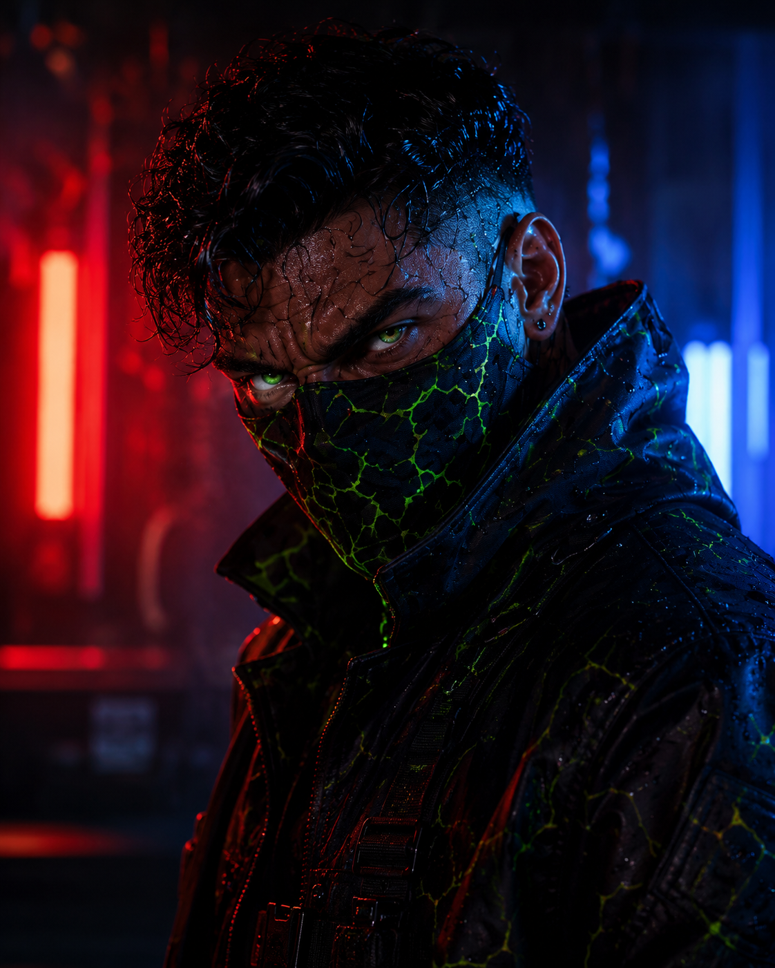 A person with green eyes, curly hair, wearing a black face mask with green neon patterns and a black jacket with similar neon accents pose in a dark environment illuminated by red and blue lights.