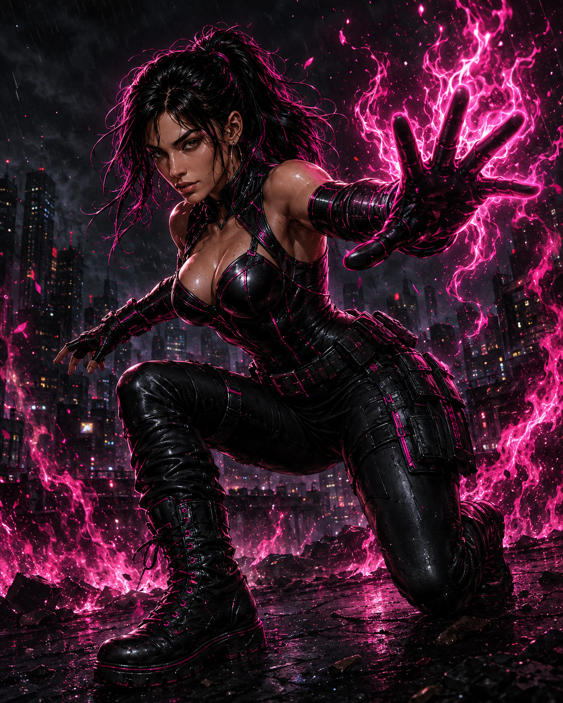 A female figure in a black, shiny, futuristic outfit crouches on a dark city street at night, surrounded by pink energy and lightning, with a city skyline in the background.