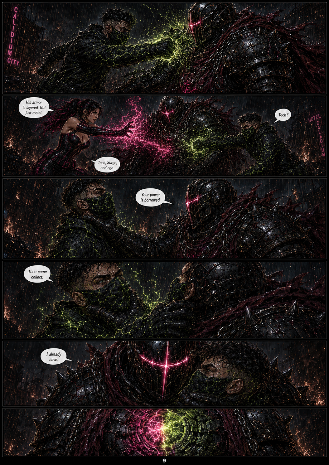 A comic book scene showing a woman in black leather fighting a heavily armored, cybernetic enemy in a rainy city at night. The woman uses her energy to weaken the enemy's armor, revealing a glowing core. The dialogue reveals the woman is trying to steal power from the enemy, indicating a confrontation where she attempts to collect its energy.