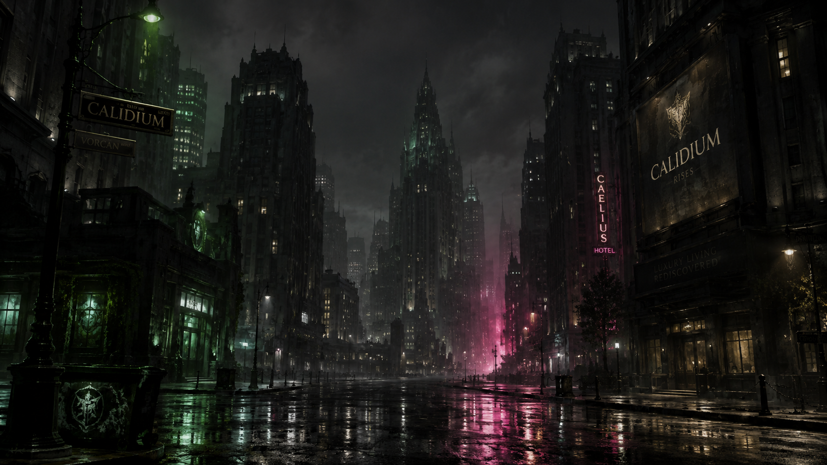 Dark, rainy city street at night with tall skyscrapers, neon signs, and puddles on the ground reflecting city lights.