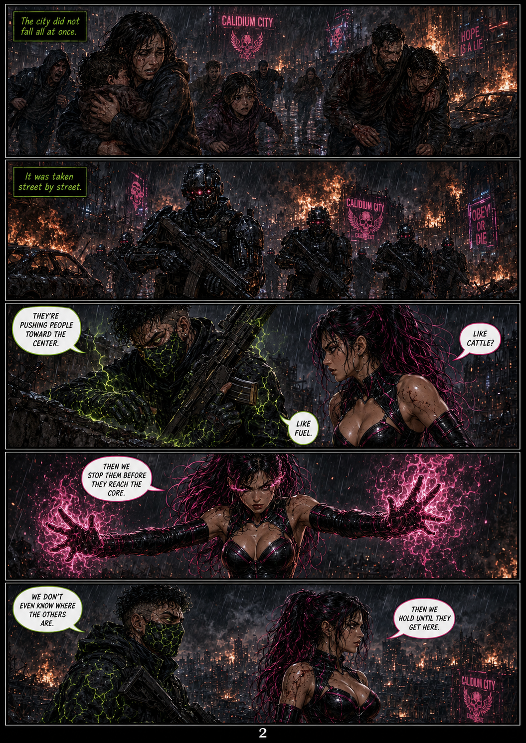 A dystopian city scene with people fleeing in the rain, illuminated neon signs, and armed soldiers in combat gear. Two women characters are engaged in a conversation about stopping the chaos before reaching the city core.