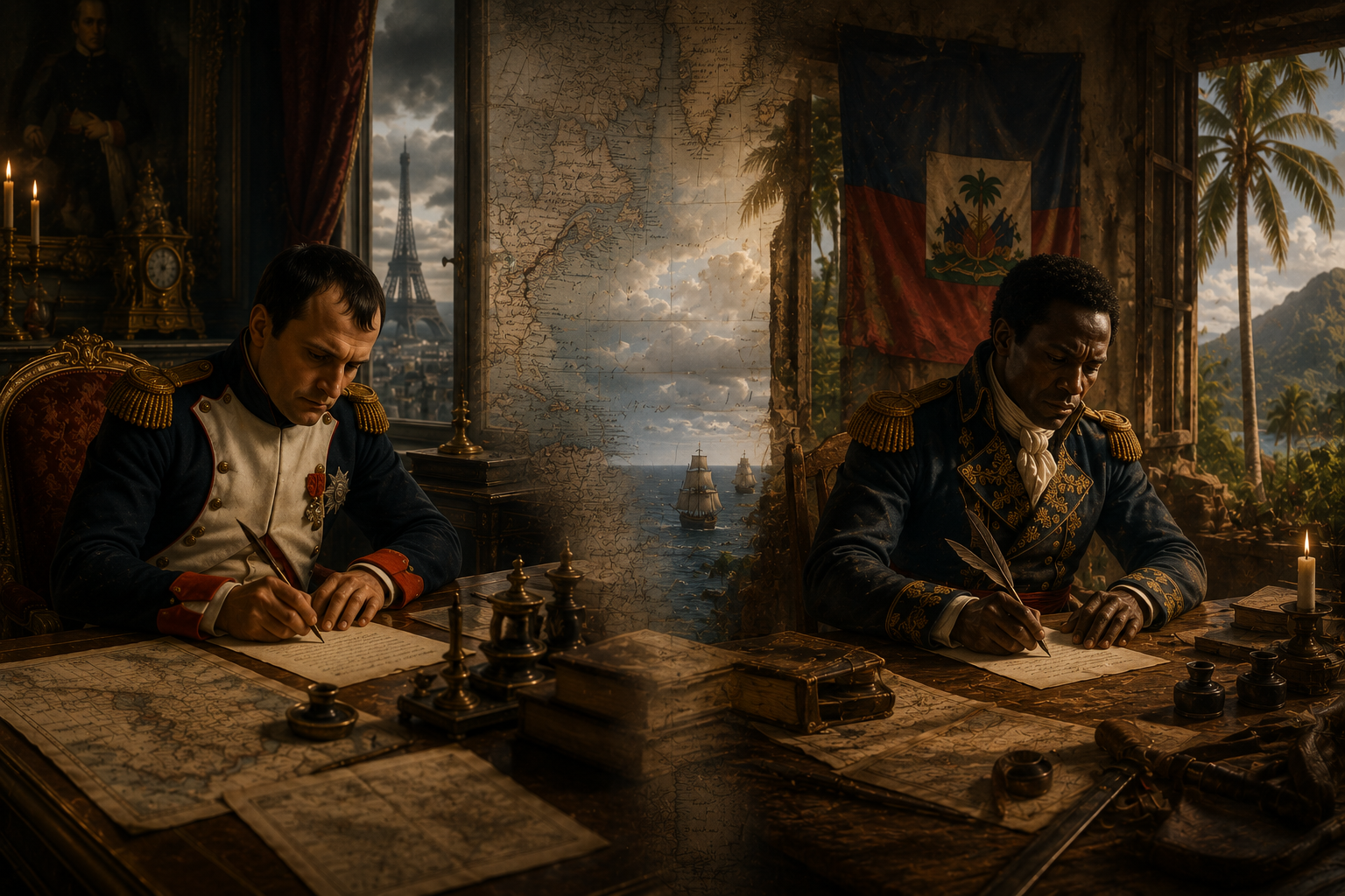 Napoleon Bonaparte in Paris and Toussaint Louverture in Saint-Domingue writing letters in a parallel composition symbolizing their strategic rivalry.
