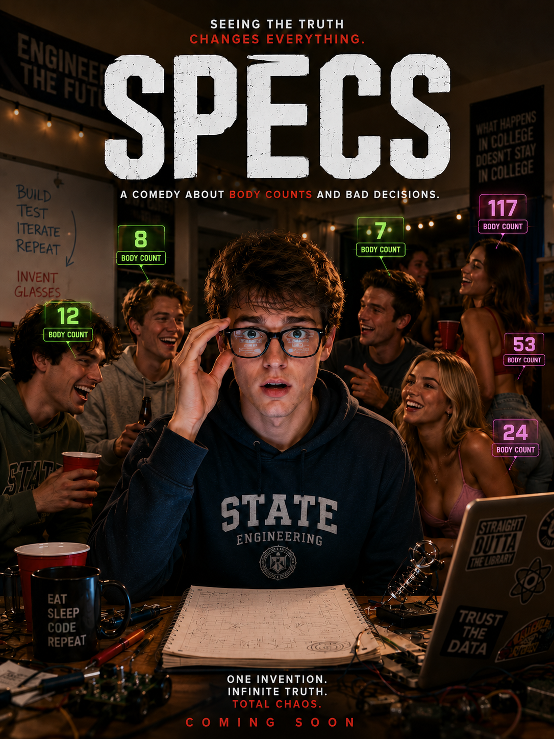 Official poster for SPECS, a high-concept college comedy about an engineering student whose experimental glasses reveal everyone’s hidden sexual history.
