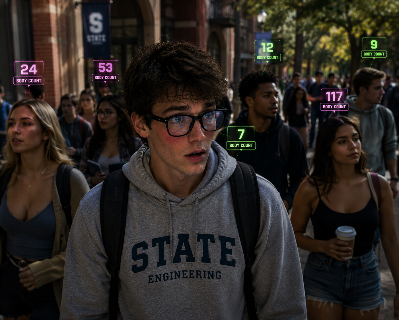 The engineering student tests the SPECS while walking across campus, revealing hidden numbers above passing students.