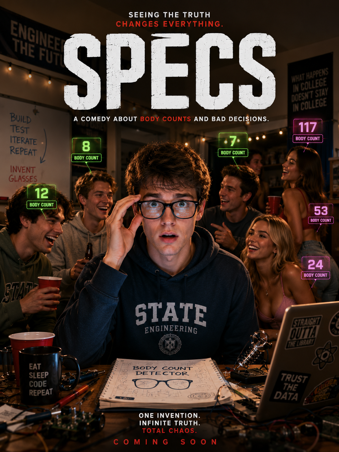 Group of college students at a party, with one young man in the foreground wearing glasses and a hoodie that says "State Engineering." The table in front of him has a notebook labeled "Body Count Detector," glasses, and electronic components. Brightly colored text overlays indicate body counts above each person, and the background features posters about college life and science.