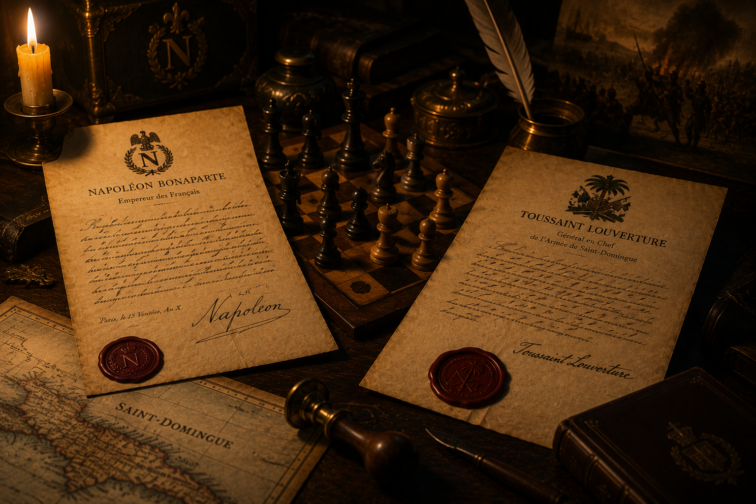 Fictional correspondence between Napoleon Bonaparte and Toussaint Louverture arranged beside a chessboard and a map of Saint-Domingue.