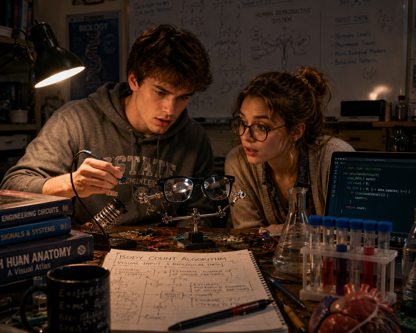 An engineering student and a biology student assembling the experimental SPECS at a cluttered university laboratory workstation.
