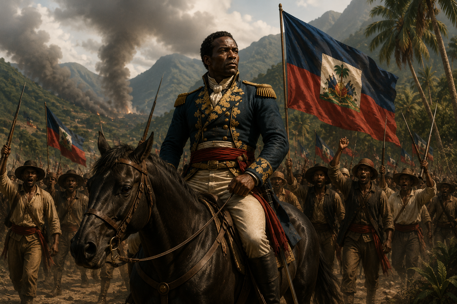 Toussaint Louverture leading Haitian revolutionary soldiers through the mountains of Saint-Domingue.