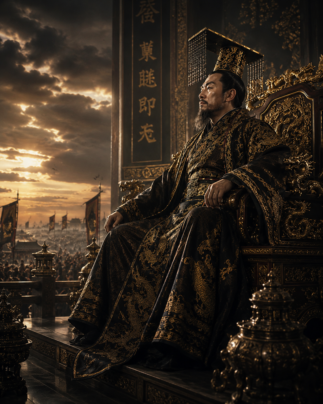 The ambitious Shang Emperor seated on his imperial throne while surveying the kingdom he intends to conquer.